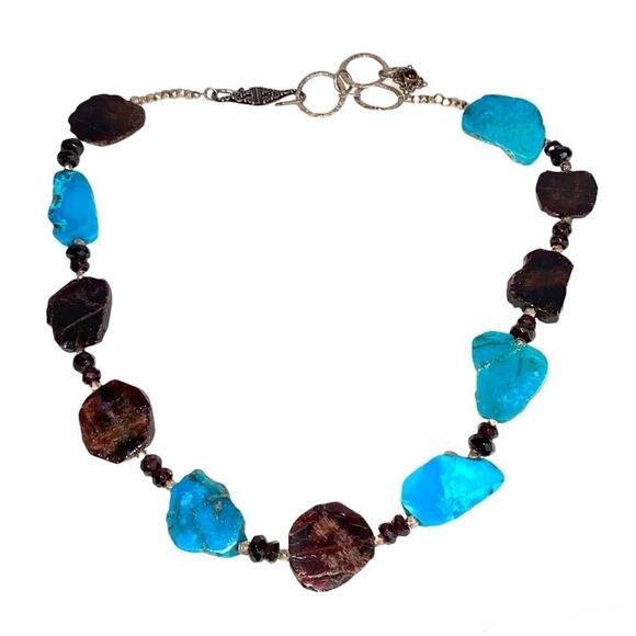 Vintage Turquoise Garnet Slice Necklace Southwest - Picture 1 of 14